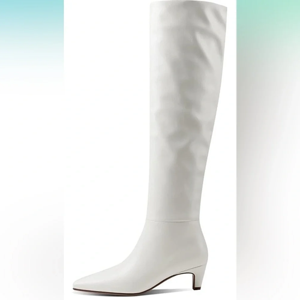 Square Toe Slip On Wide Calf Slouch Low Kitten Heel Over The Knee High Boots